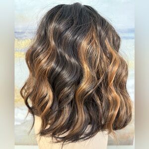 HAIR, 12” Wavy Bob, Bangs & Eyelashes, Almost Black/Dark Brown/Carmel Highlights